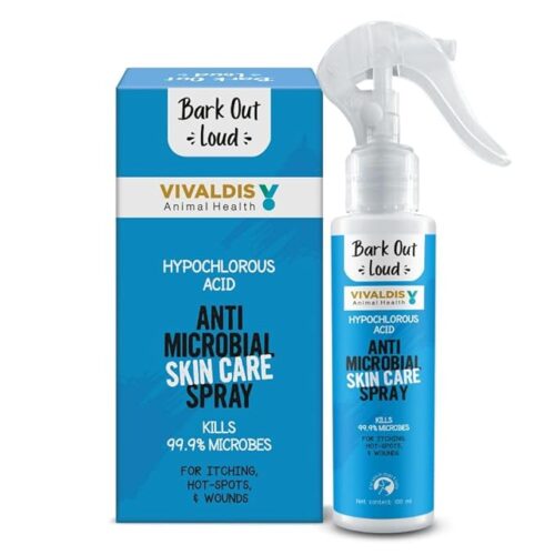 Antimicrobial skin spray for pets treating hot spots, infections, and itchy skin with safe non-toxic formula.
