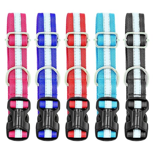 Reflective dog collar with adjustable fit, durable buckle, and bright visibility strips, designed to keep pets safe during night walks while ensuring comfort, style, and long-lasting performance.