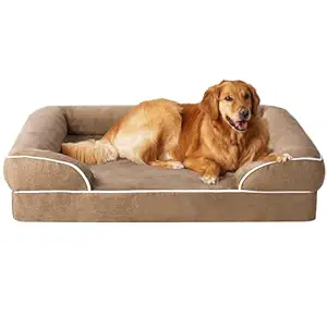 Orthopedic dog bed with thick memory foam, bolstered sides, and washable cover designed to support joints, reduce pain, and give dogs maximum comfort and restful sleep.
