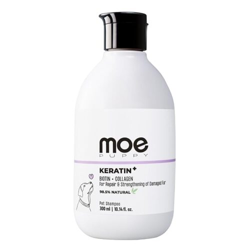 Keratin Plus Pet Shampoo bottle with natural keratin formula that strengthens pet coats, reduces shedding, adds shine, and provides gentle cleansing for dogs and cats with sensitive skin.